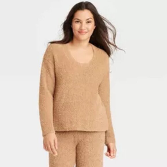 Stars Above Fuzzy Scoop Neck Long Sleeve Brown Sherpa Sweatshirt Pullover Small - Picture 1 of 7